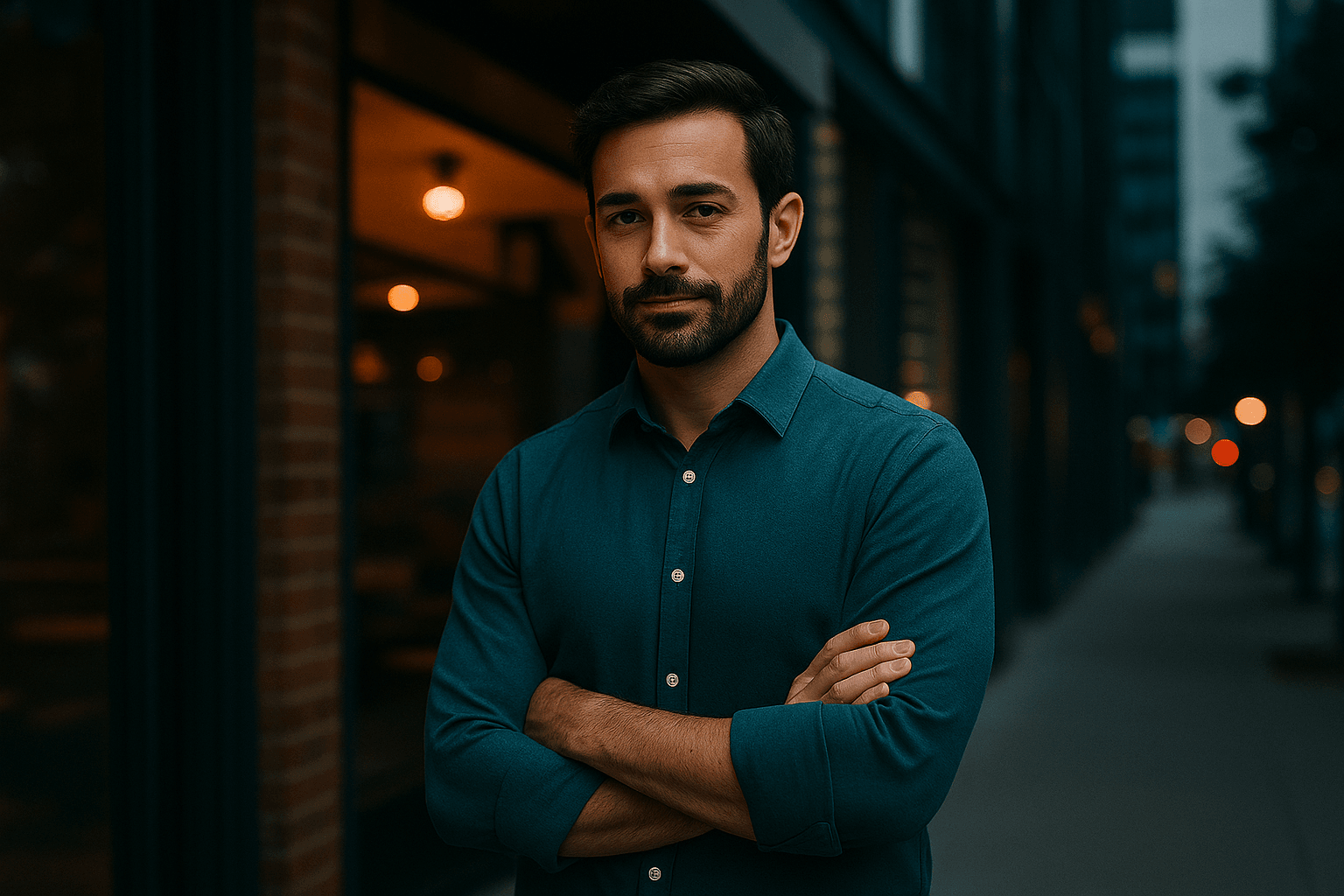 Business owner outside storefront at dusk